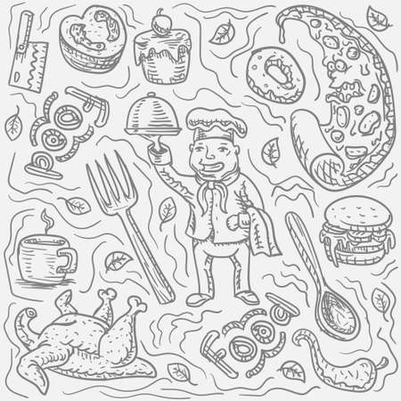 Food chef character hand drawn Doodle on white isolated background. Vector imageのイラスト素材
