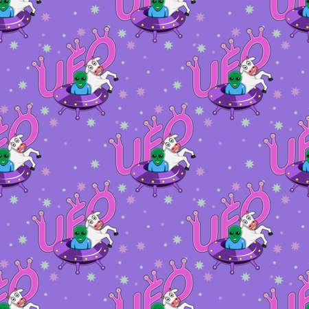 seamless spaceship pattern with cow and alien on purple background.のイラスト素材