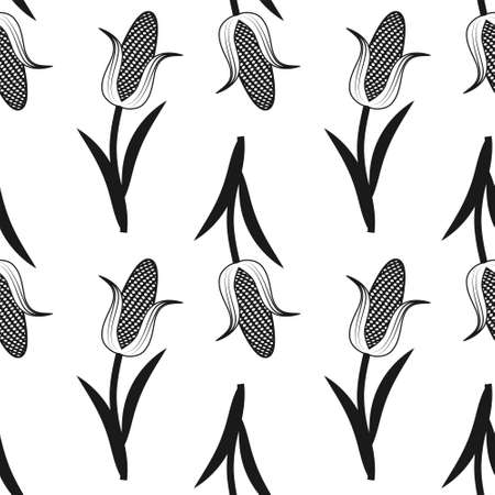 seamless corn pattern black on white background.のイラスト素材