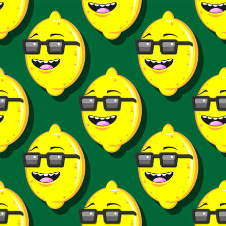 seamless lemon cartoon pattern with glasses on a green background.のイラスト素材
