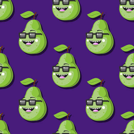 seamless green pear pattern cartoon character with glasses smile on purple background.のイラスト素材