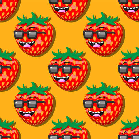seamless strawberry cartoon pattern with glasses smile on orange background.のイラスト素材