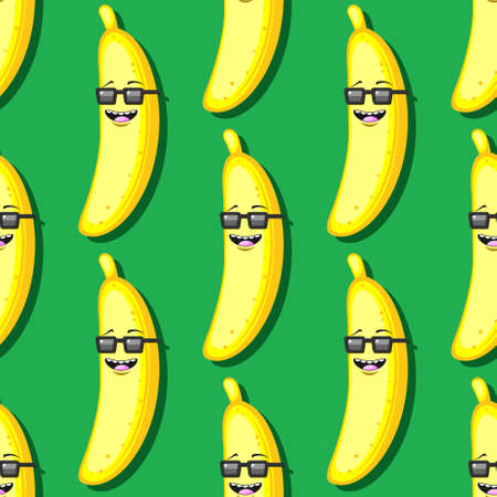 seamless cartoon banana pattern in sunglasses on green background.のイラスト素材