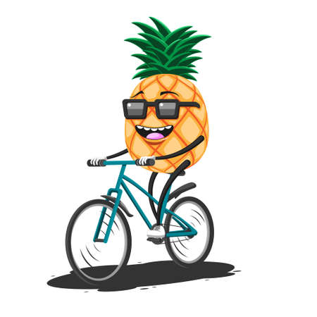 Cartoon pineapple in sunglasses riding a Bicycle on a white isolated background. Vector image epsのイラスト素材