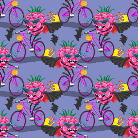 seamless pattern cartoon raspberry in sunglasses raincoat bat on bike rides Halloweenのイラスト素材