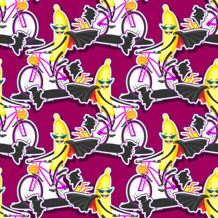 seamless pattern cartoon banana in sunglasses raincoat bat on bike rides Halloweenのイラスト素材