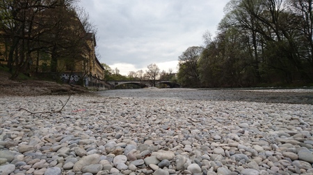 Isar river bed with pebbles in Munichの写真素材