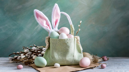 Cute Easter background with mint bag, colorful eggs, bunny ears and bouquet of willowの写真素材