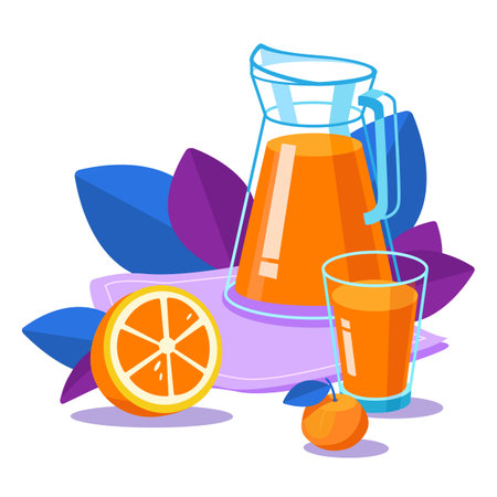 Jug and glass of tasty orange juice. Healthy food. Still life food with fresh juicy bright oranges. Breakfast. Half.のイラスト素材