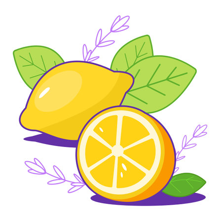 Bright fresh lemons with leaves. Citrus, half of lemon, chopped lemon. Cut lemon slice. For print, web, package design.のイラスト素材