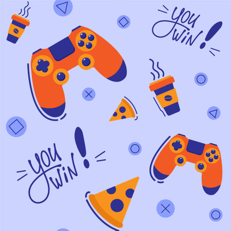 Seamless Game Pattern with Joystick, Pizza, Coffee and Lettering You Winのイラスト素材