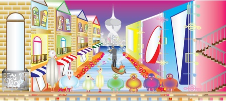 Illustration of a cartoon landscape with multicolored buildingsのイラスト素材