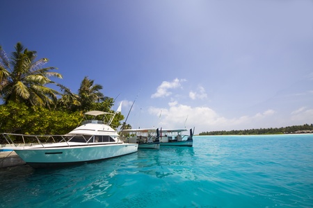 yacht at the jetty in front of a tropical island with palmsの写真素材