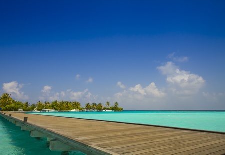 jetty to tropical island with palm trees and blue sly; Maldivesの写真素材