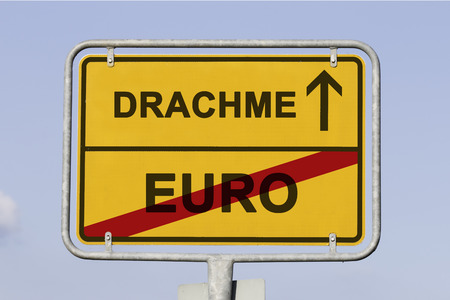 yellow european town sign, showing that Greece is  leaving the Euro and is on the way launching the old currency Drachma. Financial concept for the greek debt crisis and the german word Drachmeの写真素材