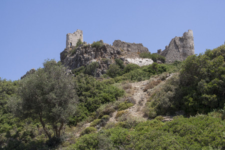 ruins of the ancient Fortress of Feraklos on a hill, Rhodes, Greece, Europeの写真素材