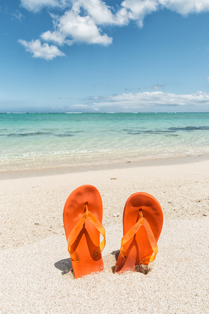 vertical background with a pair of orange flip-flops in the sand of a tropical beach, concept for tourism and tavelの写真素材
