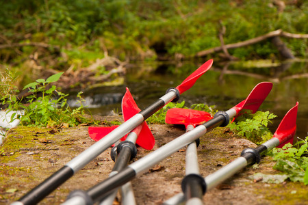 Summer expedition to kayaking the river flowingの写真素材