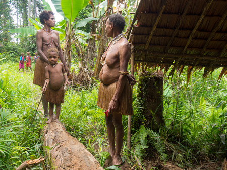 The jungle, Indonesia - January 18, 2015: Women of the Korowaya tribe carrying in nets small children and bananas.のeditorial素材