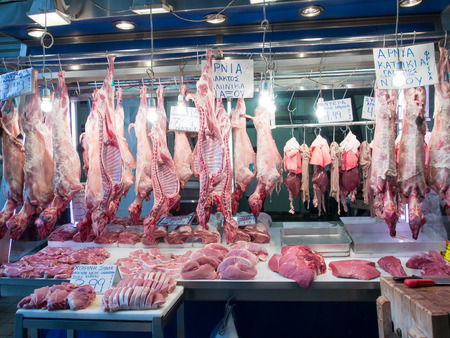 Athens Greece April 06 2015: City Market. Different kind of the meat available on the standsの写真素材