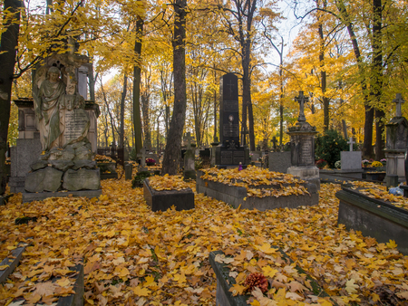 Warsaw, Poland - October 27, 2015: Autumn on the old, monumental, Orthodox cemetery