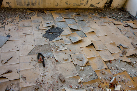 Klomino, Poland - August 28, 2015:  Abandoned Soviet city, destroyed lining inside  of an apartment.のeditorial素材