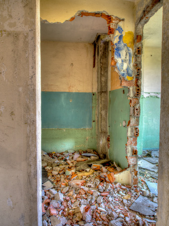 Klomino, Poland - August 28, 2015: Abandoned Soviet city, destroyed block of flats where Soviet military used to livedのeditorial素材