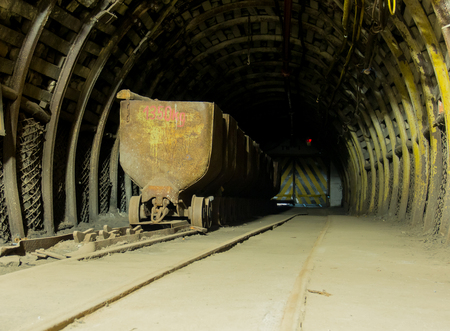 Ruda Slaska, Poland - November 05, 2015:  Coal mine. A cart full of coal  in a mine tunnelのeditorial素材