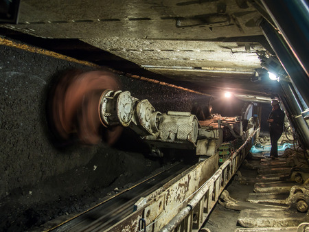 Ruda Slaska, Poland - November 05, 2015: A shearer l machine working  in a coal mine.のeditorial素材
