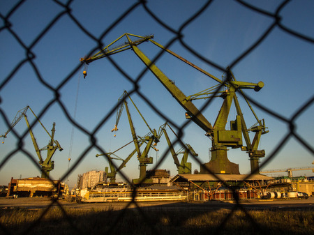 Gdask, Poland - September 27, 2015: Huge harbor cranes in the port of Gdaskのeditorial素材