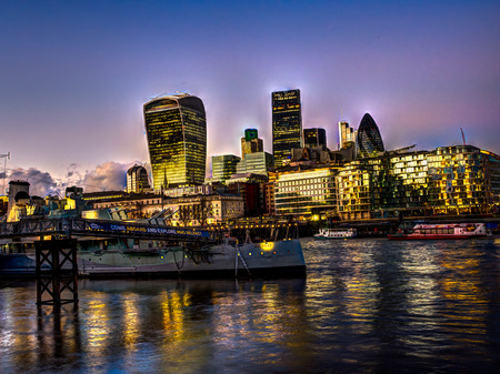 London, England - November 18, 2015:  A night photograph of  office district of Londonのeditorial素材