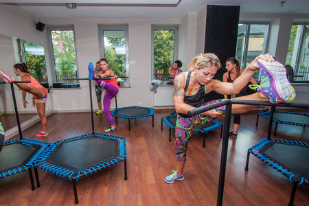 Otwock, Poland - Septemberr 25, 2016:  Fitness women jumping on small trampolinesのeditorial素材