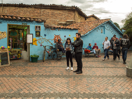 Bogota, Colombia - April 29, 2016: Tourists in front of the entrance to the blue buildingのeditorial素材