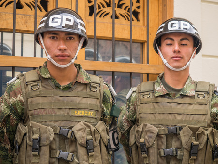 Bogota, Colombia - May 01, 2016: Armed riot police on the streets of Bogotaのeditorial素材