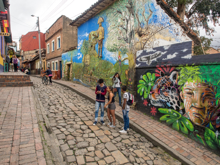 Bogota, Colombia - May 01, 2016: Colourful paintings on the walls of Bogotaのeditorial素材