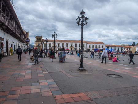 Tunja, Colombia - May 02, 2016: The inhabitants of the  town and the tourists on the main square of the town.のeditorial素材
