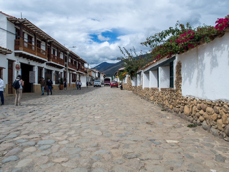 Villa de Leyva, Colombia - May 02, 2016: The cobbled and antique  street of the cityのeditorial素材