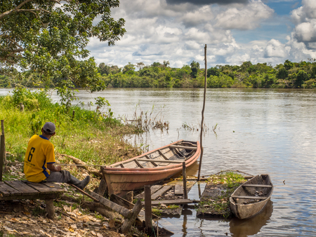 Santa Rita, Peru - May 9, 2016: Traditional, indian  boats  on the bank of the river