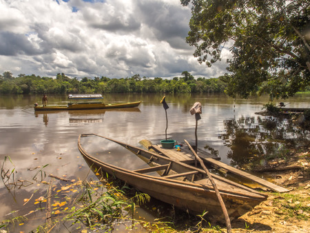 Santa Rita, Peru - May 9, 2016: Traditional, indian  boats  on the bank of the riverのeditorial素材