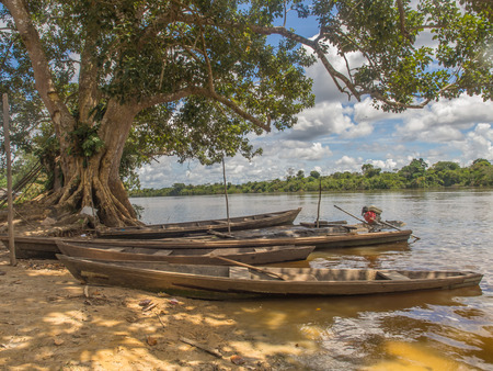 Santa Rita, Peru - May 9, 2016: Traditional, indian  boats  on the bank of the riverのeditorial素材