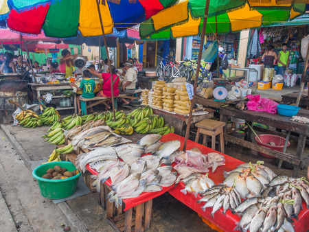 Iquitis, Peru - May 15, 2016: Market with various types of meat, fish and and fruits.の写真素材