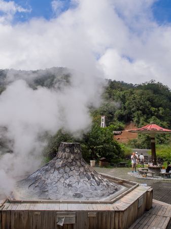 Taiping Mountain, Taiwan - October 15, 2016: Place for cooking a Hot Spring Egg in the Taipingshan National Forest Recreation Areaのeditorial素材