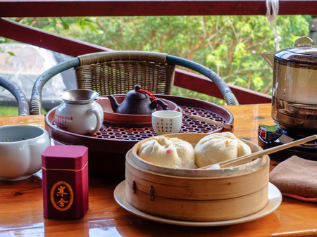 Maokong, Taiwan - October 19, 2016: A gongfu tea table with accessories in a local tea house on the hills of Maokong Taiwanのeditorial素材