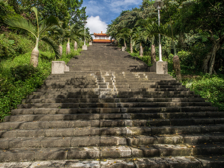 Taipei, Taiwan - October 20, 2016: Long, steep brick stairs to a templeのeditorial素材