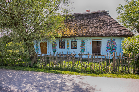 Zalipie, Poland - May  20,  2017: Colourful  log house in the yard of Felicia Curylowa in the village Zalipie in Malopolska, spring  timeのeditorial素材