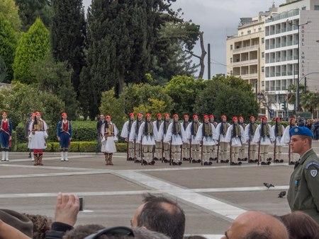 Athens, Greece, - April 05, 2015: A solemn military parade of soldiers  wearing traditional ...