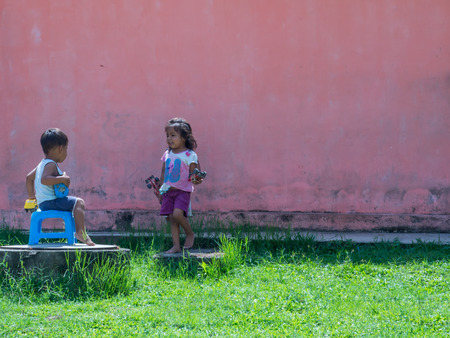 Santo Tomas, Peru - May 17, 2016: Peruvian  children in the small village near  the Iquitos.のeditorial素材
