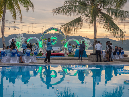 Ambon, Indonesia - February 10, 2018: Weeding party at the luxury resort of tropical Island, Ambon, Maluki, Indonesia.のeditorial素材