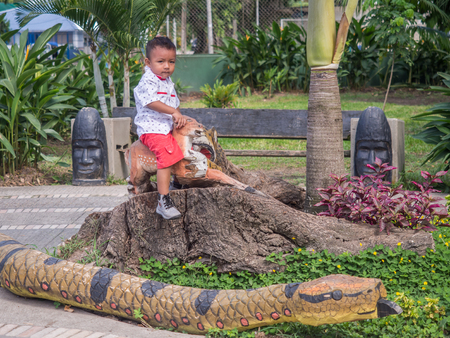 Leticia, Colombia  - March 03, 2018: Small colombian boy sitting on the wooden animal in the small...