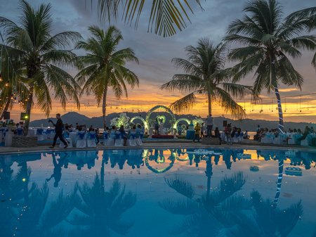 Ambon, Indonesia - February 10, 2018: Weeding party at the luxury resort of tropical Island, Ambon, Maluki, Indonesia.のeditorial素材